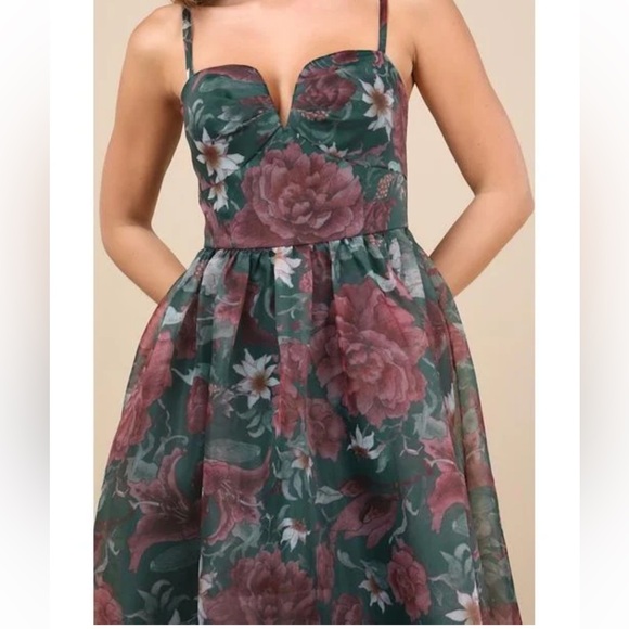 Lulus Cherished Aura Green Floral Organza Bustier Midi Dress - Picture 4 of 4